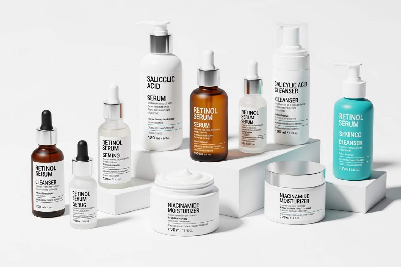 Assortment of skincare ingredients like retinol, salicylic acid, and niacinamide - shrinking your pores