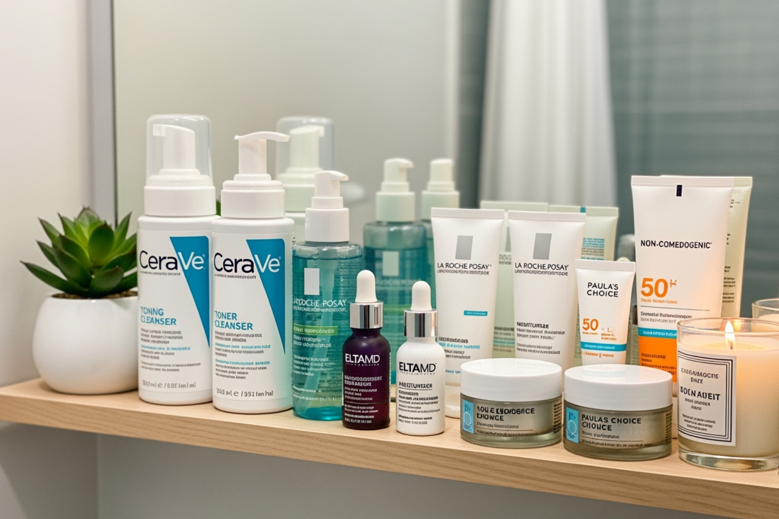 A tidy skincare shelf with various non-comedogenic products - shrinking your pores