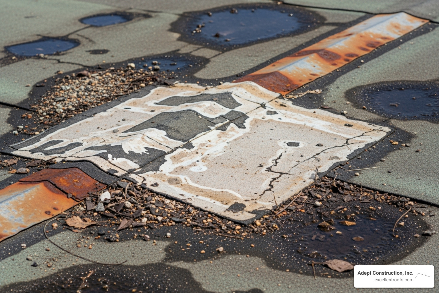 a poorly executed roof patch causing further damage - Roofing repair service