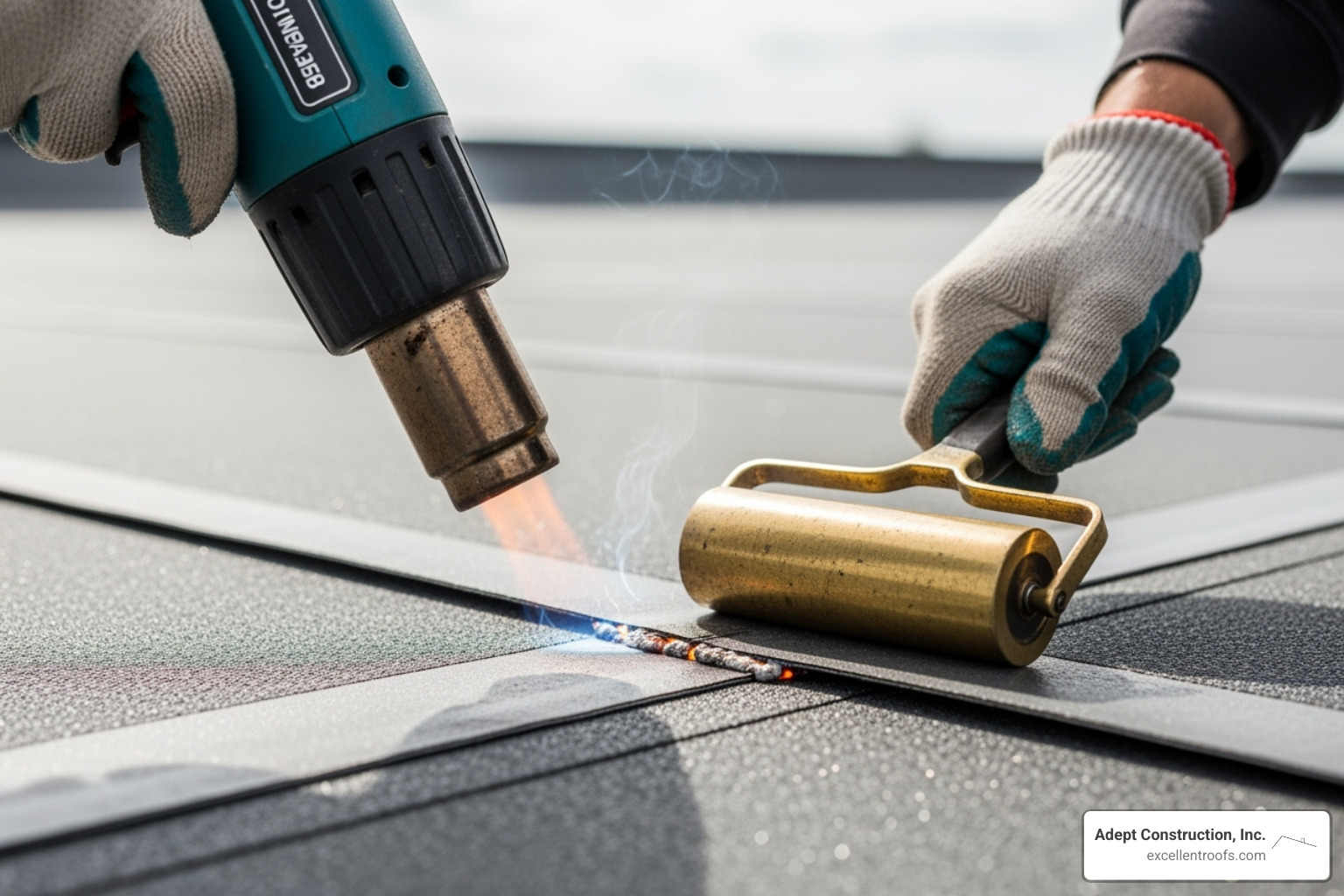 a roofer heat-welding a TPO seam - Roofing repair service