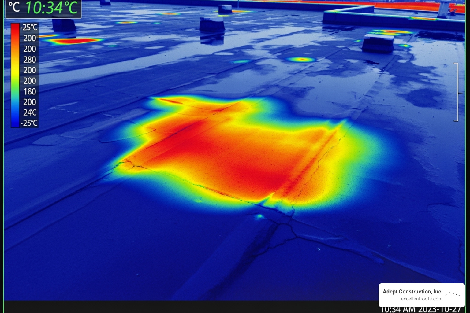a thermal camera showing heat loss from a damaged roof - Roofing repair service