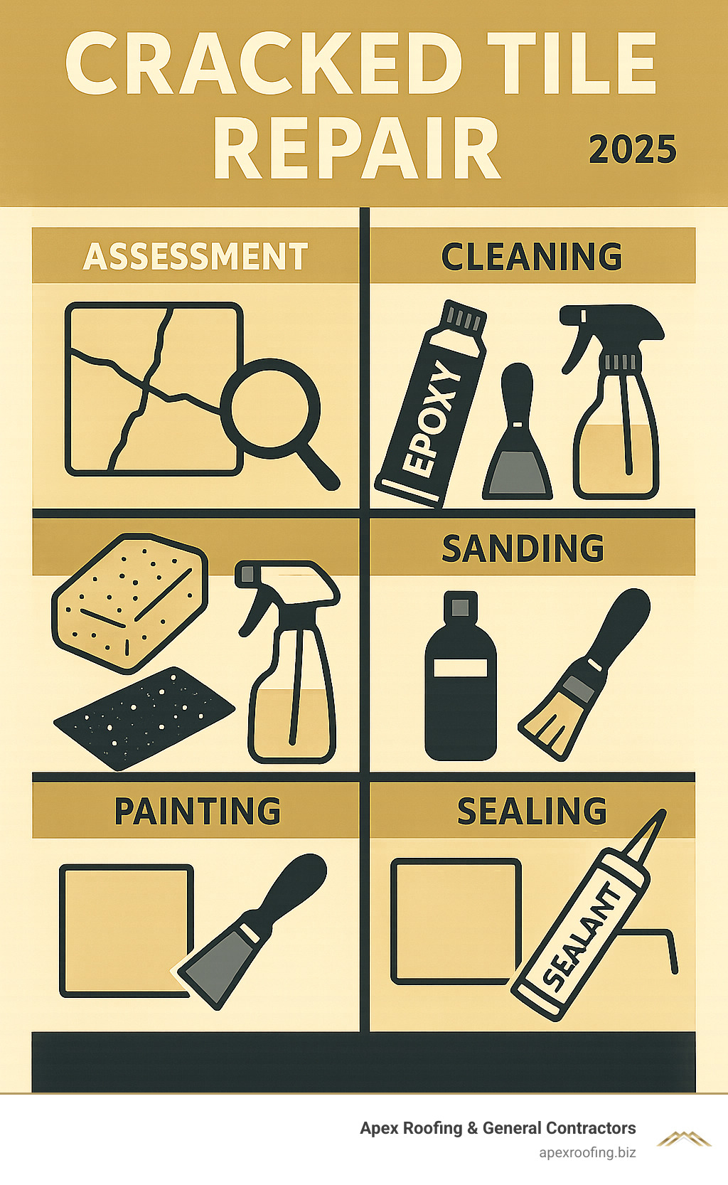 Step-by-step cracked tile repair process showing assessment, cleaning, epoxy application, sanding, painting and sealing stages with tools and materials needed for each step - Cracked tile repair infographic 