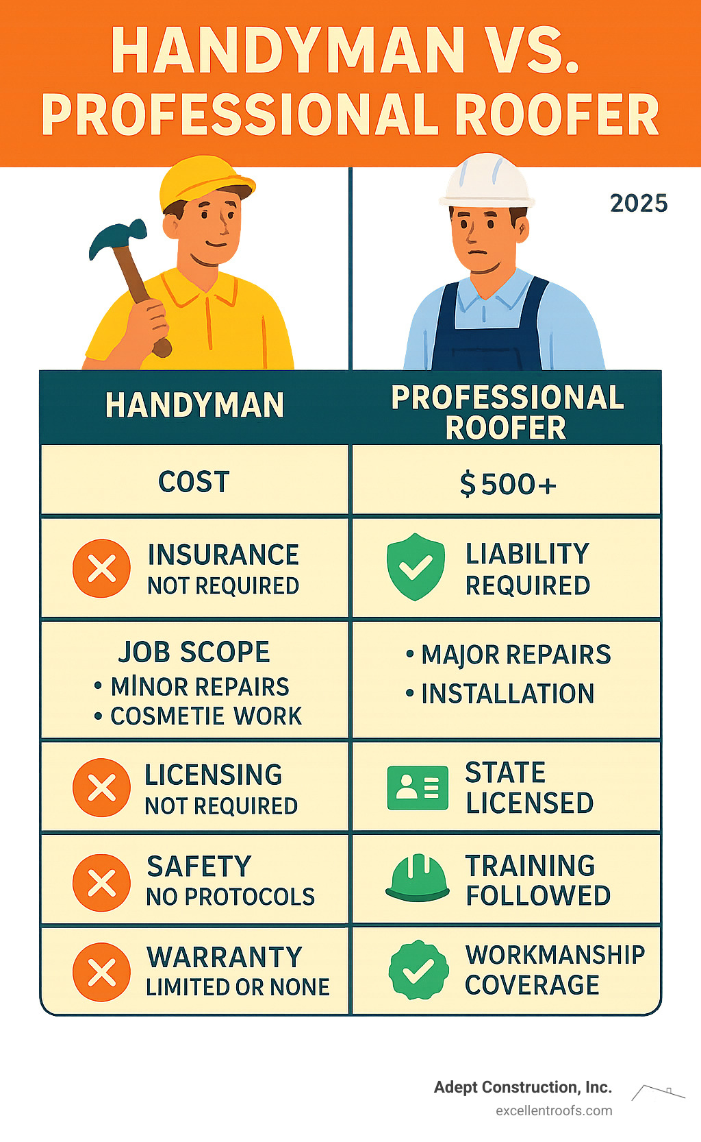 Detailed comparison infographic showing handyman vs professional roofer capabilities, including cost ranges, insurance requirements, typical job scope, licensing needs, safety protocols, and warranty coverage for different types of roofing work - handy man roofer infographic 