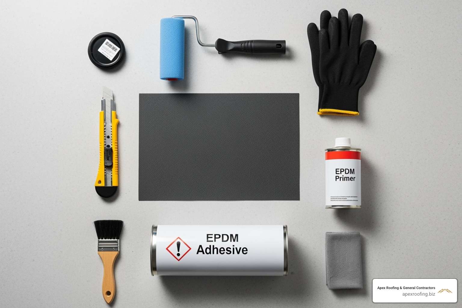 Tools and materials for EPDM patch repair - EPDM flat roof repair