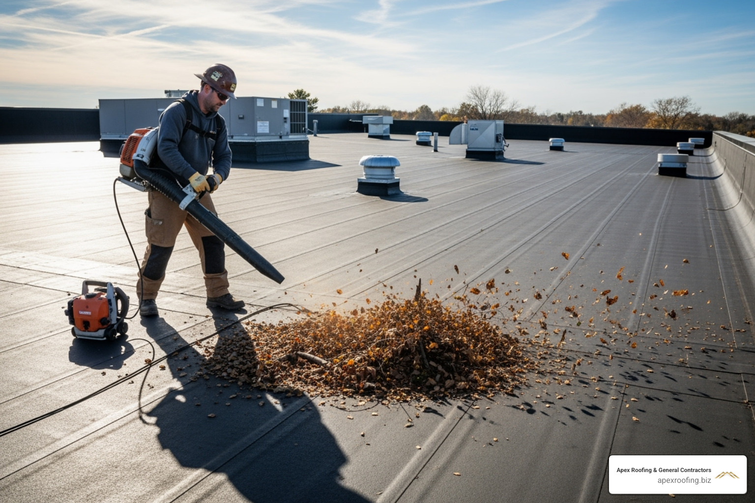 Professional cleaning debris from a flat roof - EPDM flat roof repair