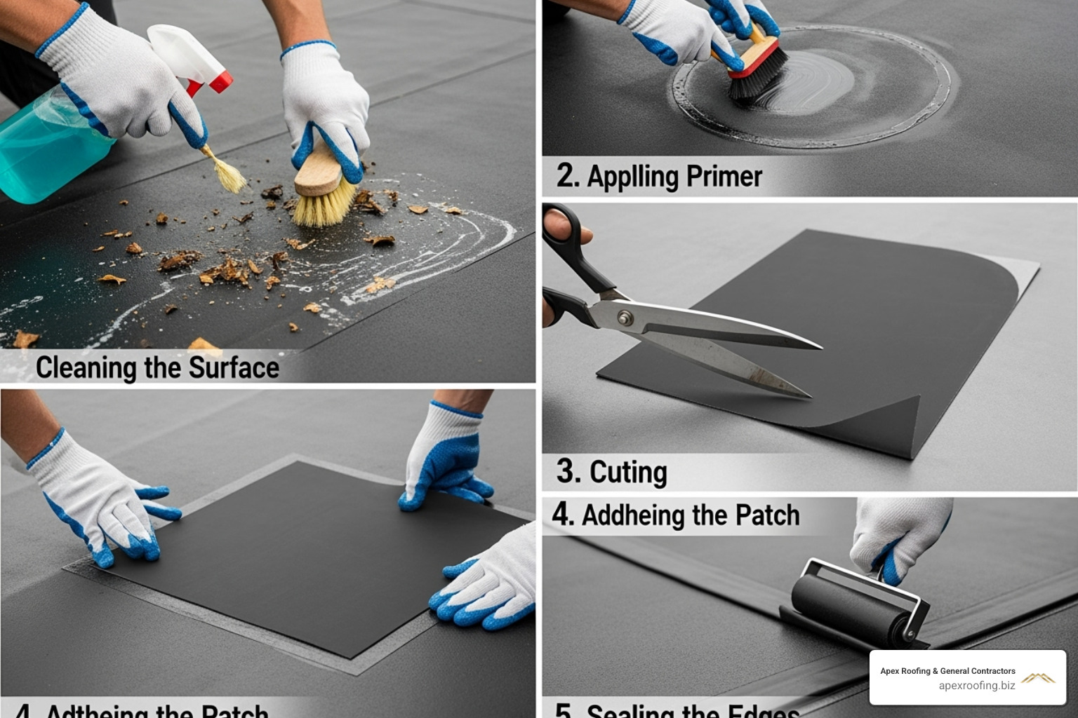 Illustration of the five steps: cleaning, priming, cutting the patch, applying the patch, and sealing the edges - EPDM flat roof repair