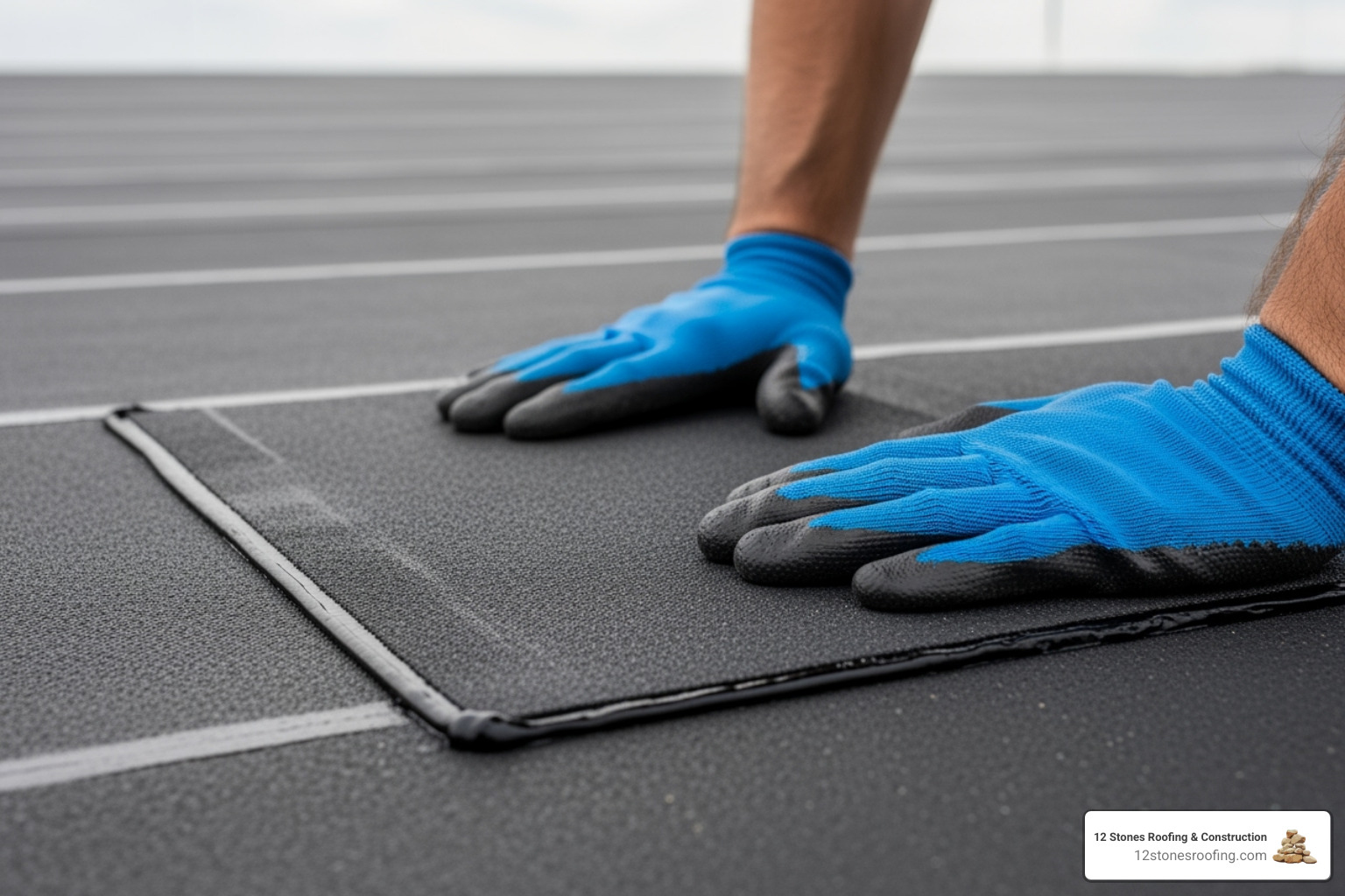 roofing professional applying a patch to a rubber roof puncture - rubber roof repair pasadena tx