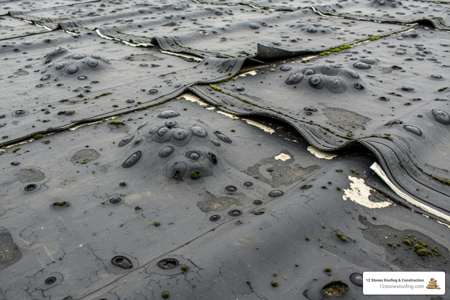 damaged rubber roof showing blisters and seam separation - rubber roof repair pasadena tx