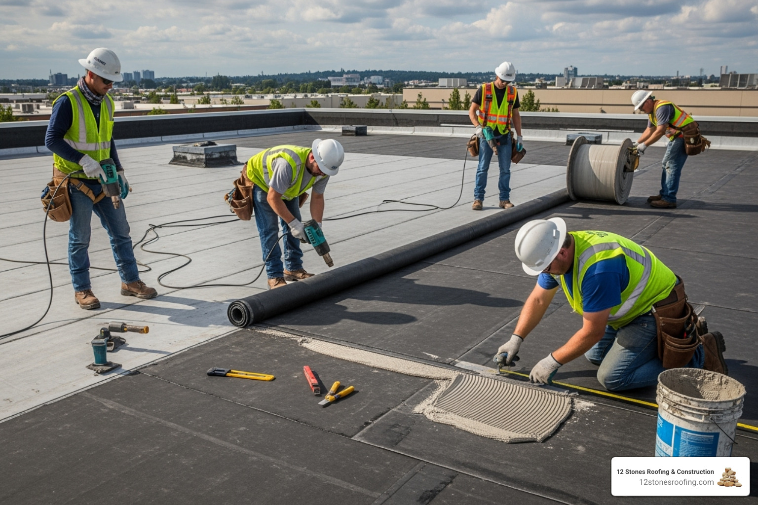12 Stones Roofing & Construction team working on a commercial roof - rubber roof repair pasadena tx