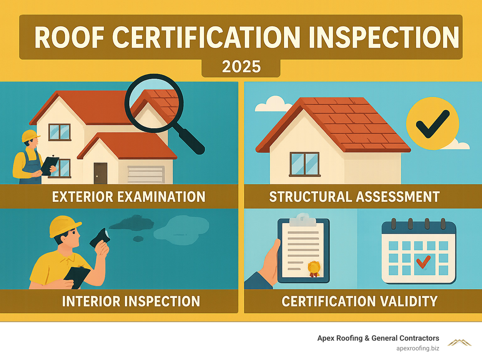 Infographic showing the complete roof certification inspection process including exterior examination, structural assessment, interior inspection, documentation requirements, and certification validity periods - roof certification inspection infographic 