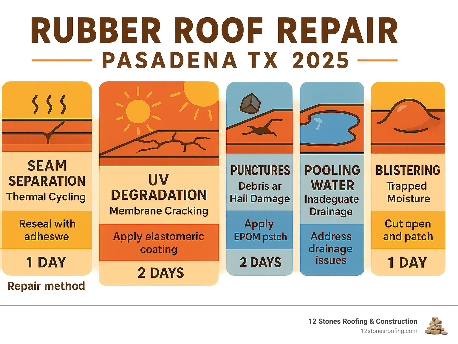 Infographic showing common rubber roof problems in Pasadena TX including seam separation from thermal cycling, UV degradation causing membrane cracking, punctures from debris and hail damage, pooling water from inadequate drainage, and blistering from trapped moisture - with corresponding repair methods and timeframes for each issue - rubber roof repair pasadena tx infographic 