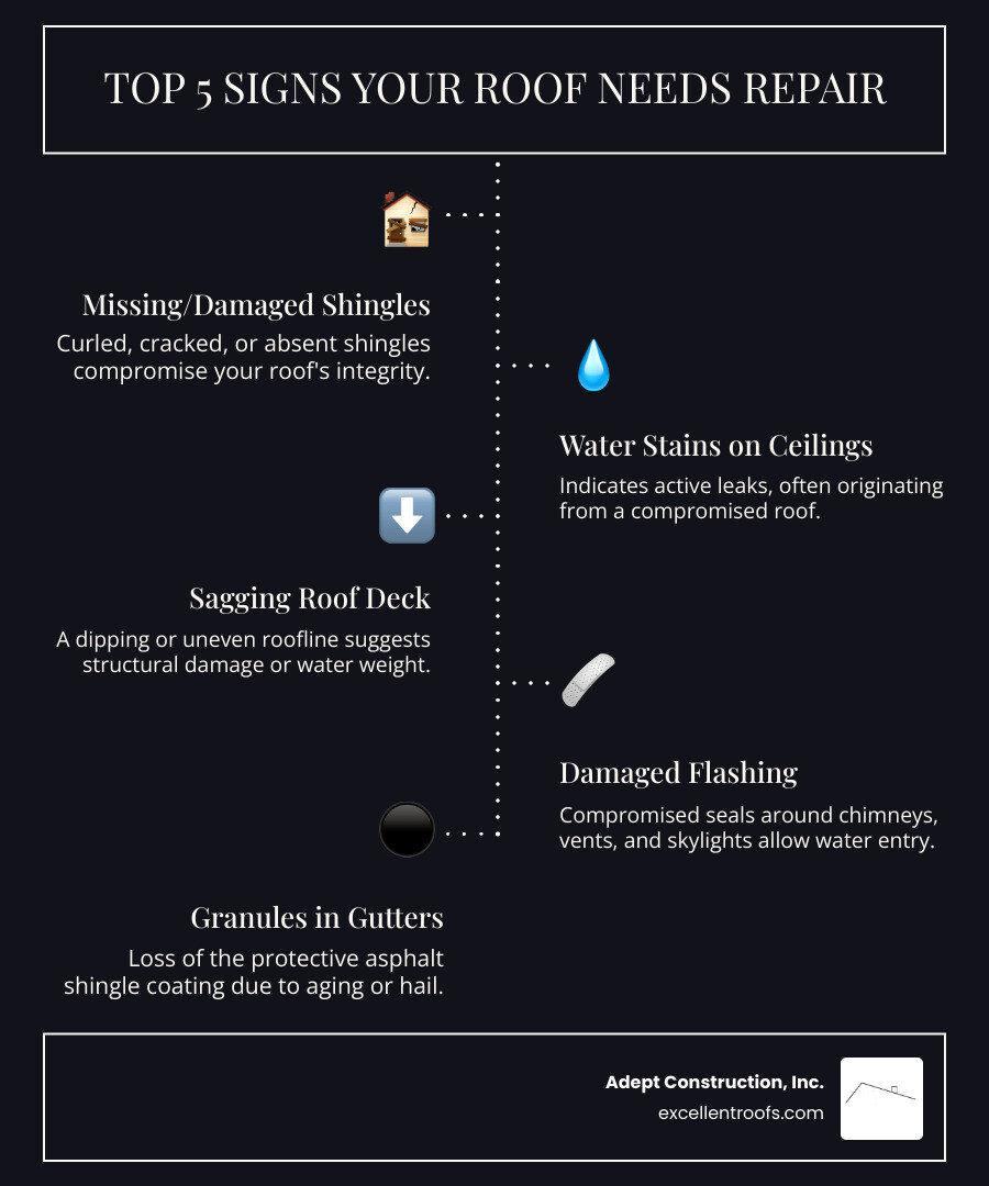 Infographic showing the top 5 signs you need roof repair: missing or damaged shingles, water stains on ceilings, sagging roof areas, damaged flashing around chimneys and vents, and granules collecting in gutters - roof repair service near me infographic infographic-line-5-steps-dark