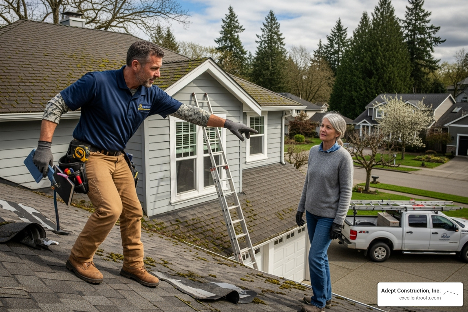 roofing contractor inspecting an older roof with a homeowner - roof repair service near me