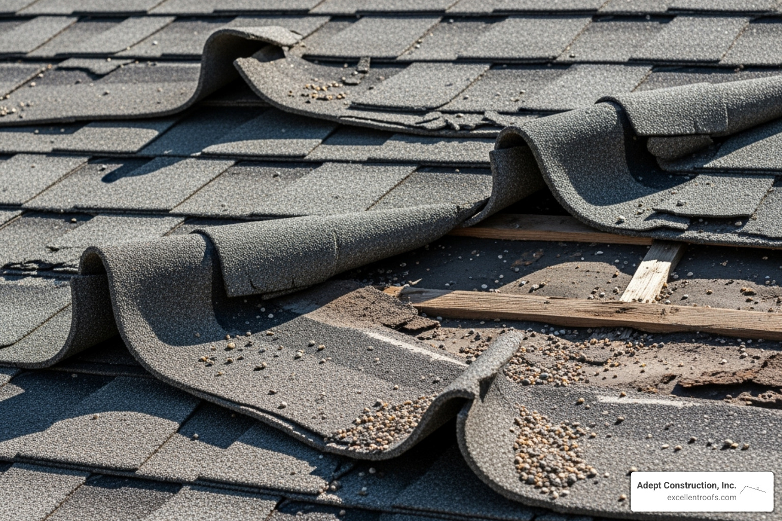 curled and missing asphalt shingles on a roof - roof repair service near me