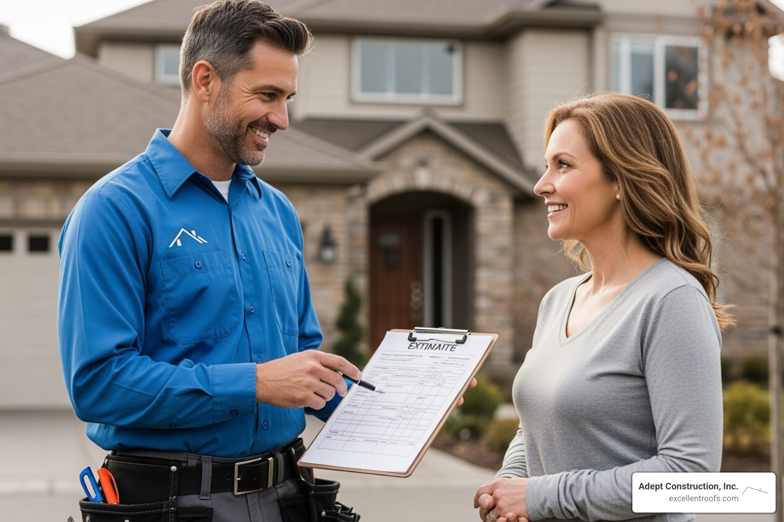 friendly roofer providing a written estimate to a smiling homeowner - roof repair service near me