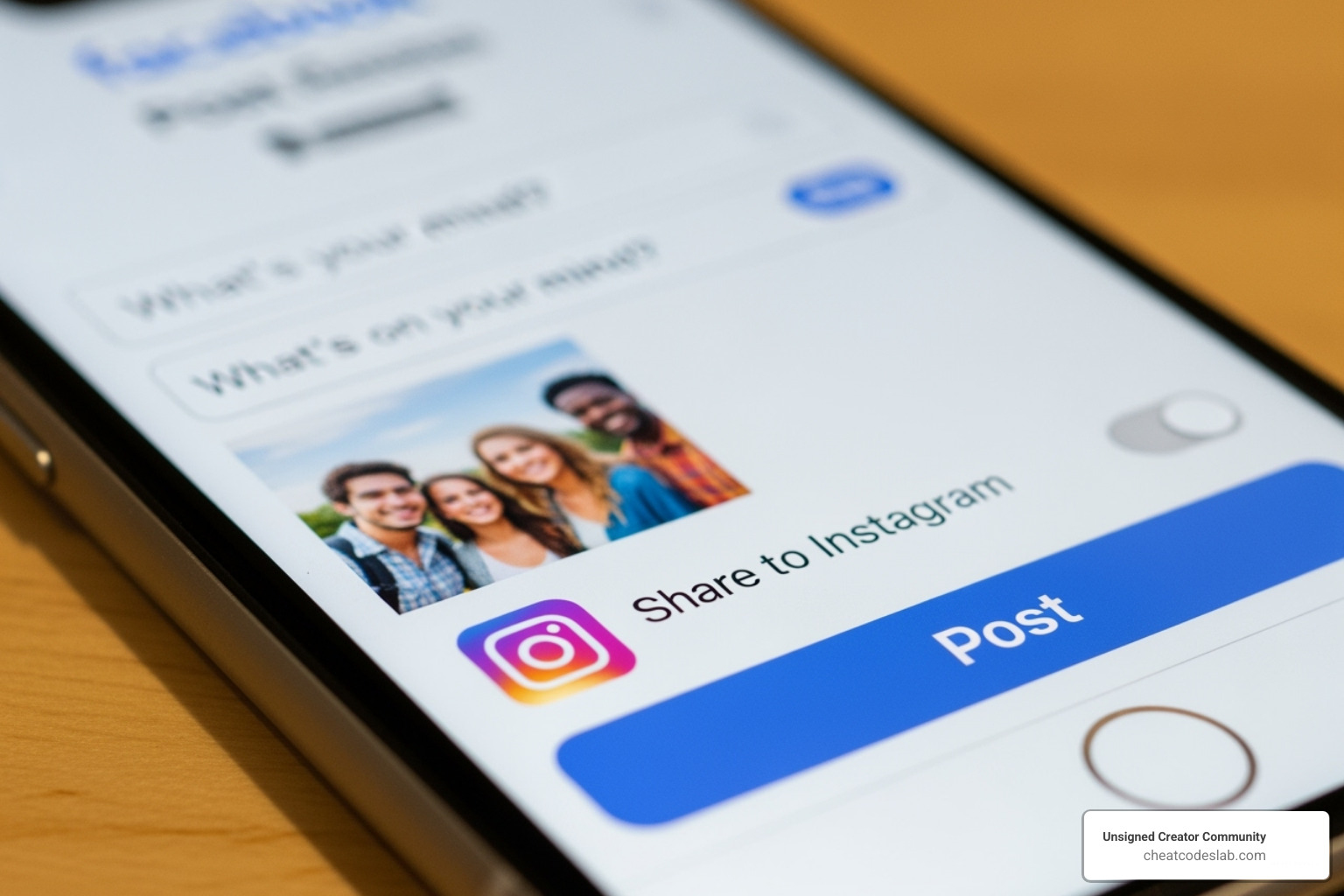 Facebook post creation screen on a mobile device, highlighting the toggle switch to share to Instagram - cross posting from facebook to instagram