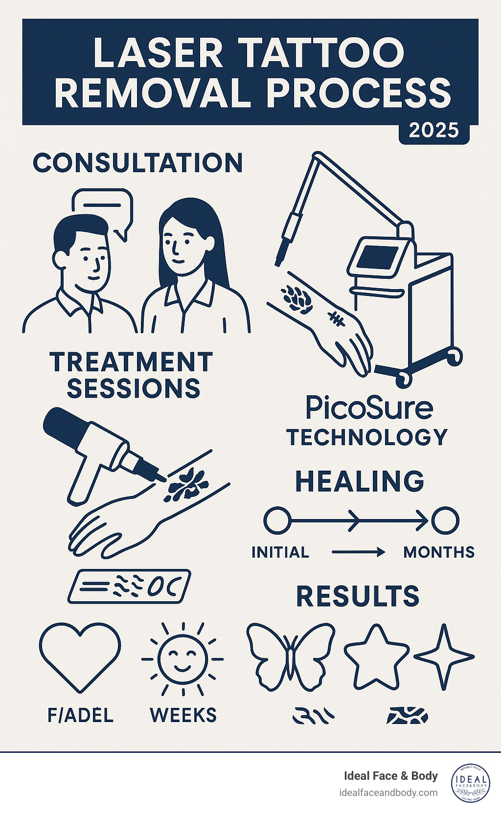 Comprehensive laser tattoo removal process showing consultation, treatment sessions with PicoSure technology, healing timeline, and expected results across different tattoo types and colors - Laser tattoo removal Beverly Hills infographic 