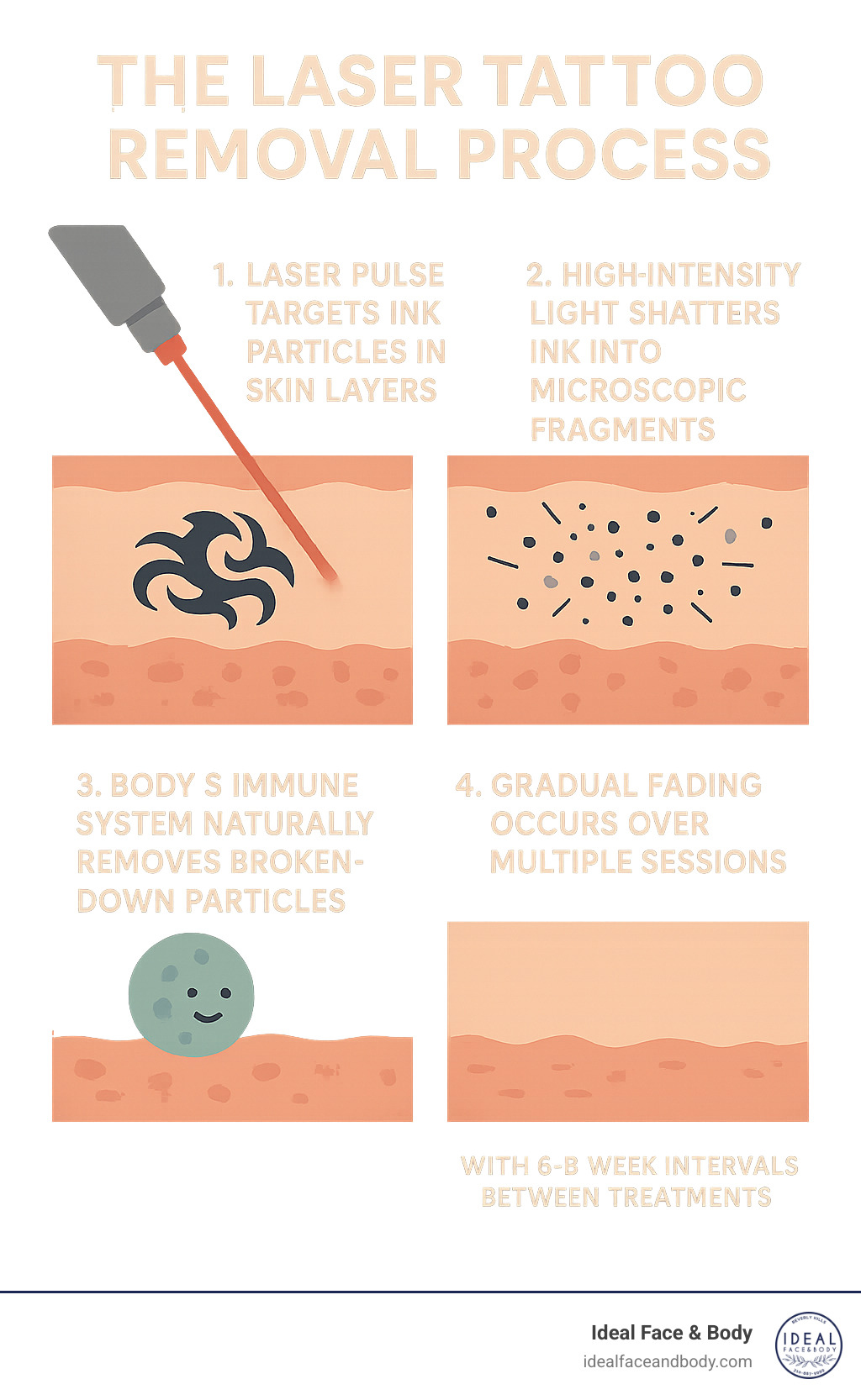 Comprehensive infographic showing the laser tattoo removal process: Step 1 - Laser pulse targets ink particles in skin layers, Step 2 - High-intensity light shatters ink into microscopic fragments, Step 3 - Body's immune system naturally removes broken-down particles, Step 4 - Gradual fading occurs over multiple sessions with 6-8 week intervals between treatments - Tattoo removal near me infographic 