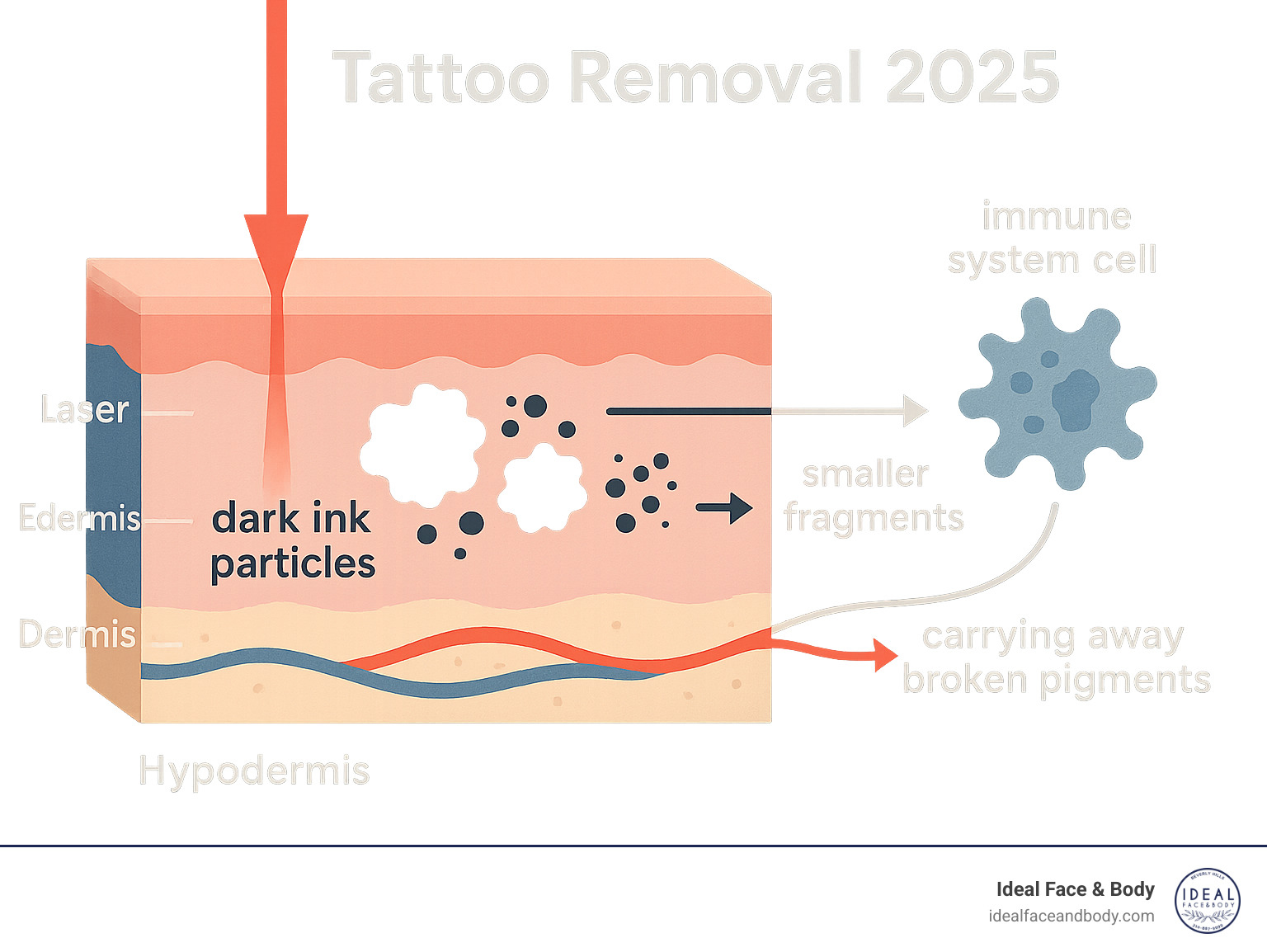 Infographic showing laser light penetrating skin layers and breaking up dark ink particles into smaller fragments, with immune system cells carrying away the broken pigments through the bloodstream and lymphatic system - Tattoo removal Los Angeles infographic 