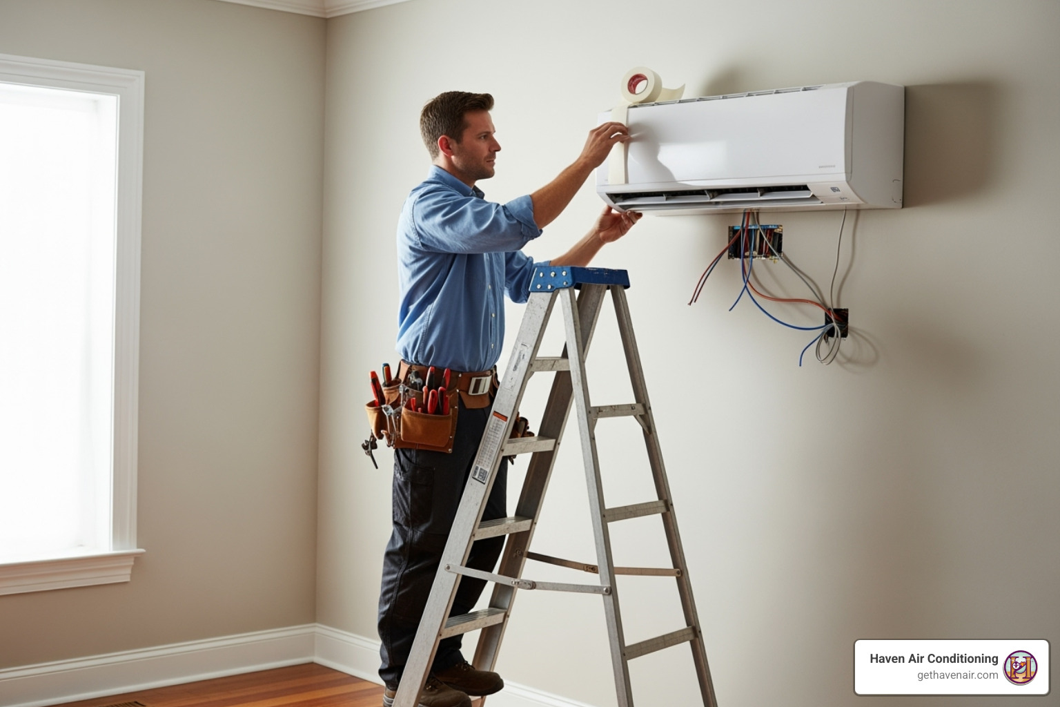 HVAC technician installing a wall-mounted indoor unit - multi zone mini split installation cost