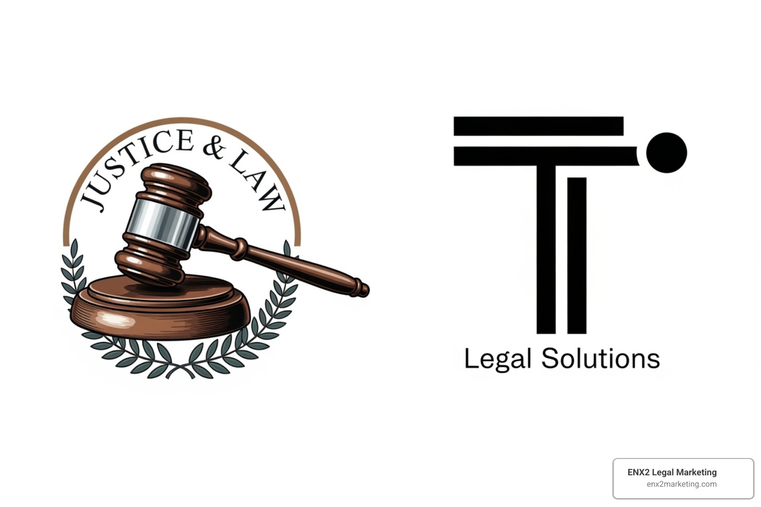 side-by-side comparison of a traditional gavel logo and a modern, abstract version - law symbol logo