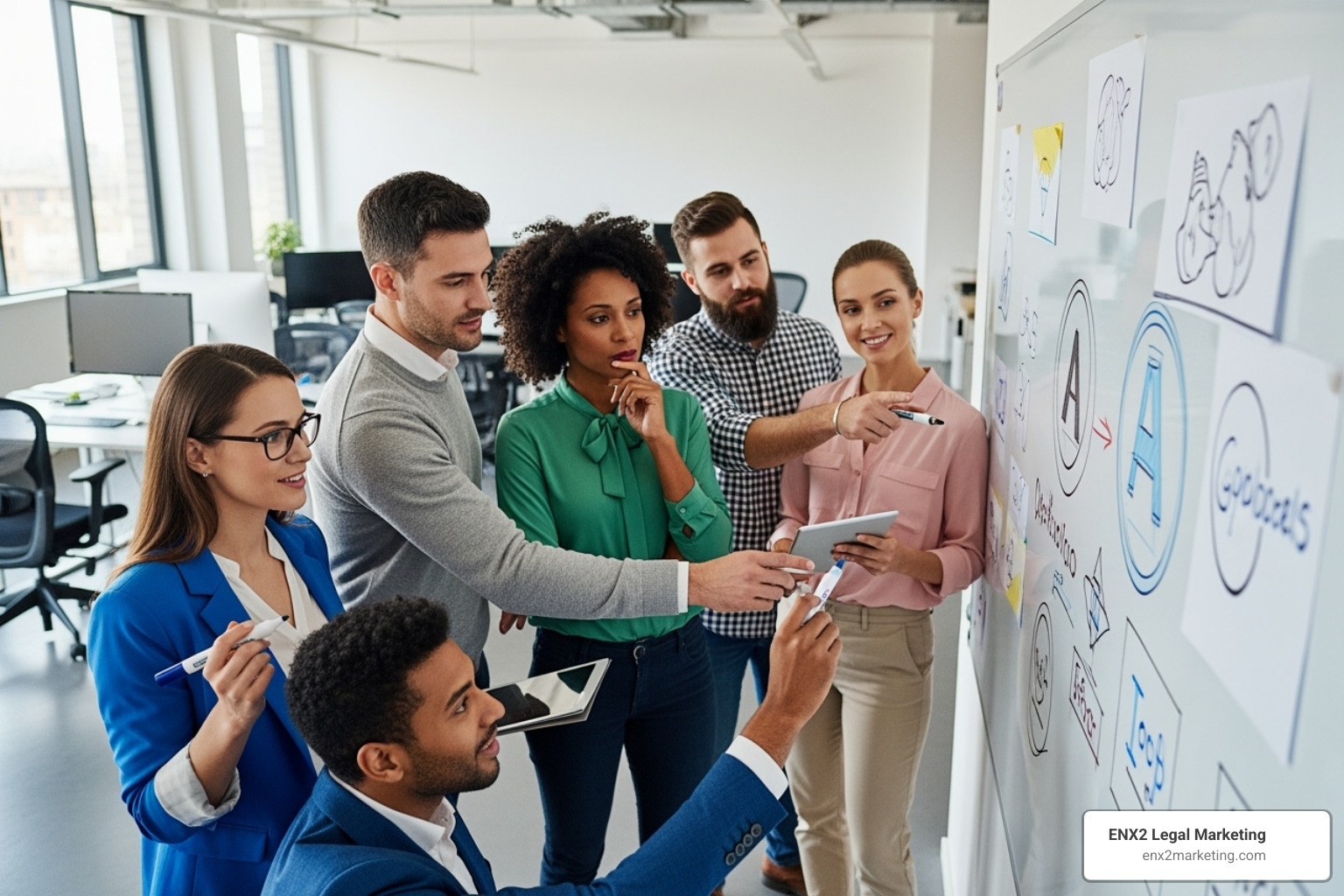 diverse group of professionals collaborating on a logo design on a whiteboard - law symbol logo