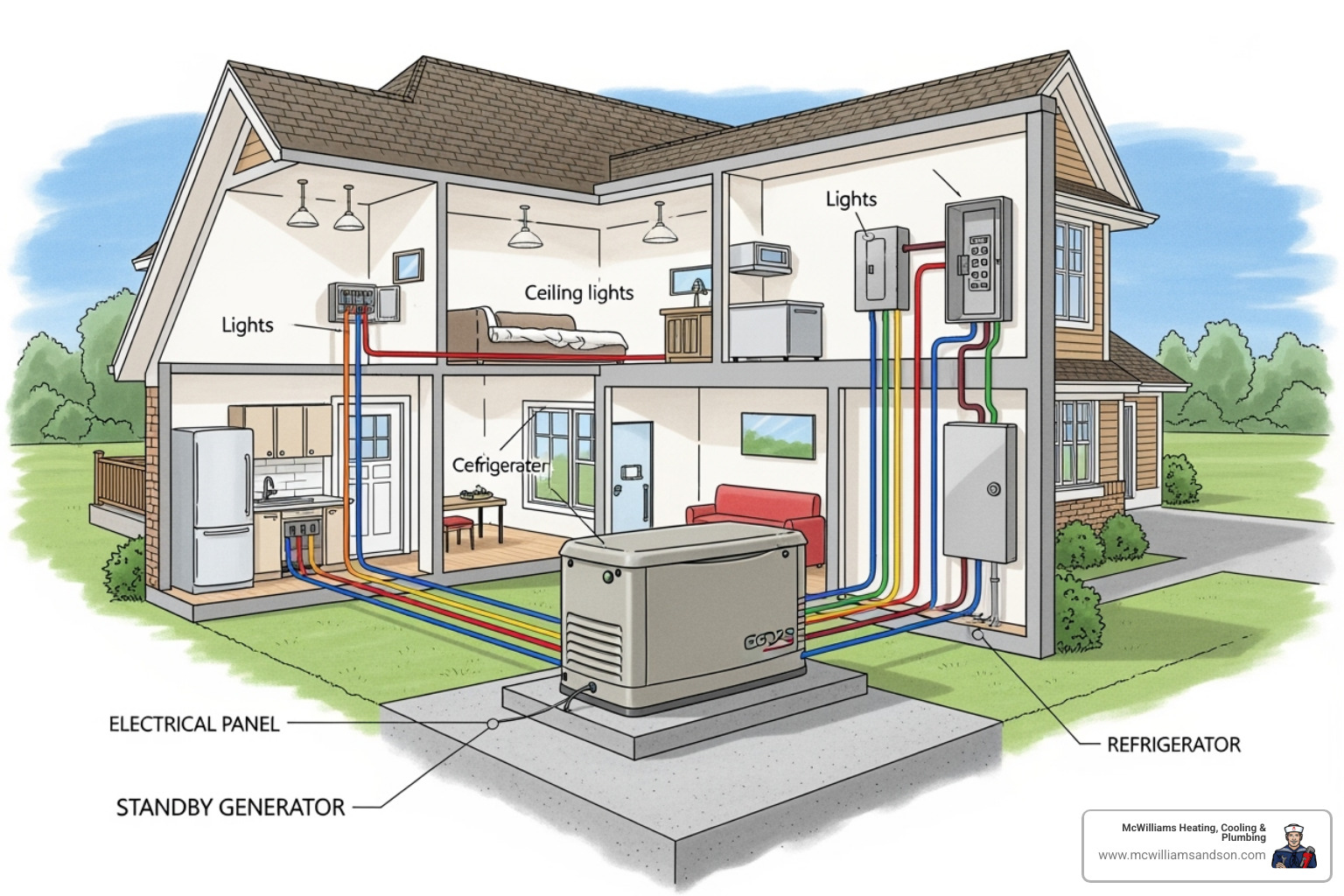 illustration of a home with lines indicating power distribution from a generator, showing some lines going to essential circuits like the refrigerator and lights, and other lines extending to cover the entire home's electrical panel - standby generator installers near me illustration of a home with lines indicating power distribution from a generator, showing some lines going to essential circuits like the refrigerator and lights, and other lines extending to cover the entire home's electrical panel - standby generator installers near me