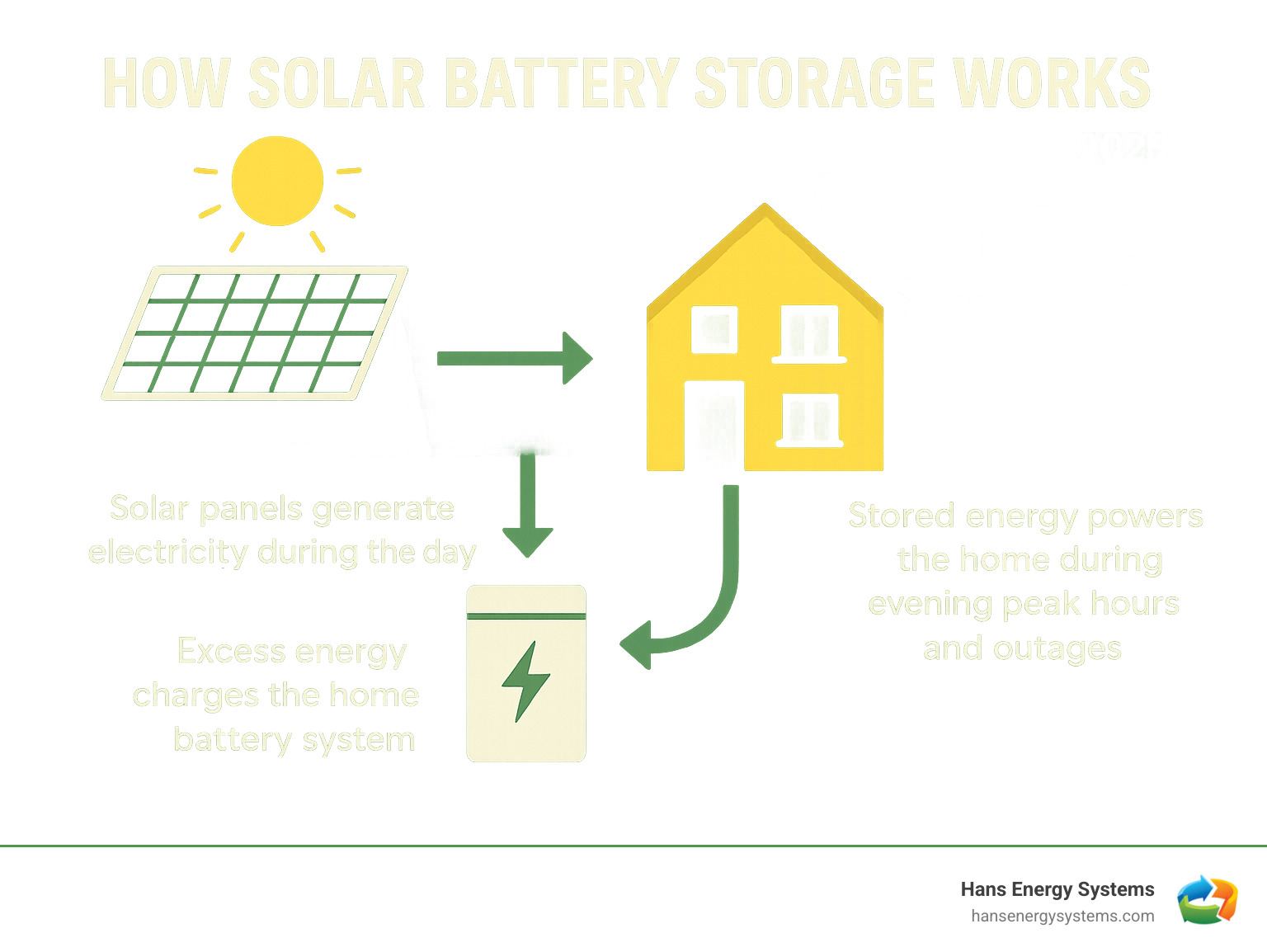 Infographic showing how solar battery storage works: solar panels generate electricity during the day, excess energy charges the home battery system, stored energy powers the home during evening peak hours and outages, with arrows showing energy flow between solar panels, battery, home loads, and the electrical grid - Solar battery storage Poway infographic 