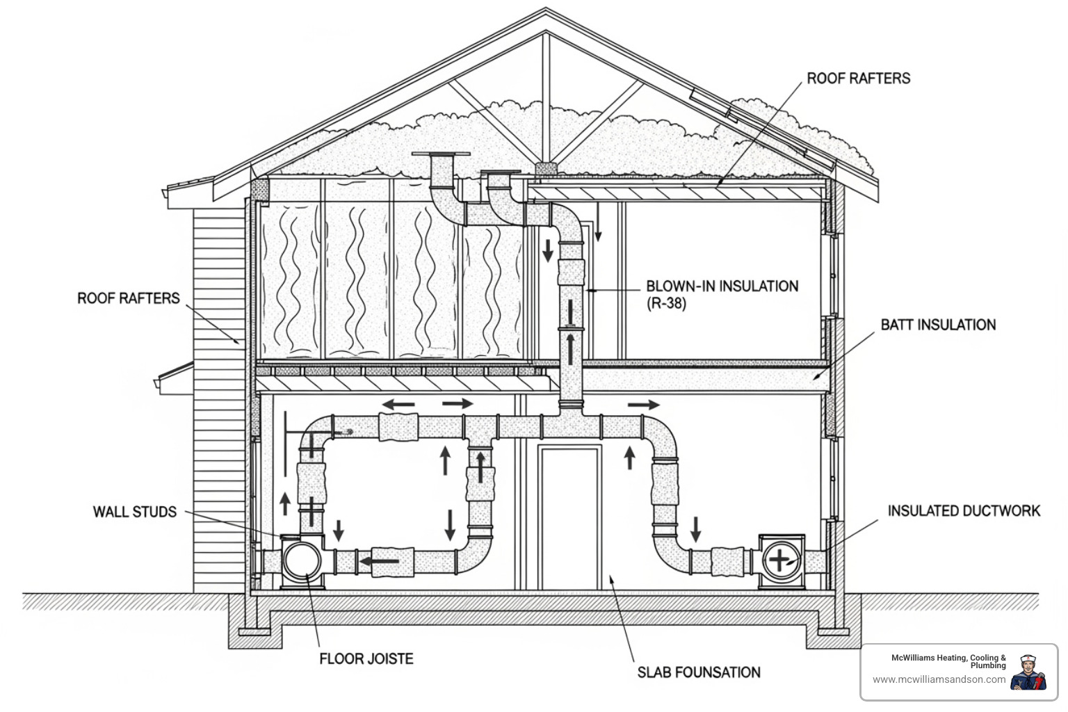 cross-section of a well-insulated house with sealed ducts - Energy efficient HVAC system