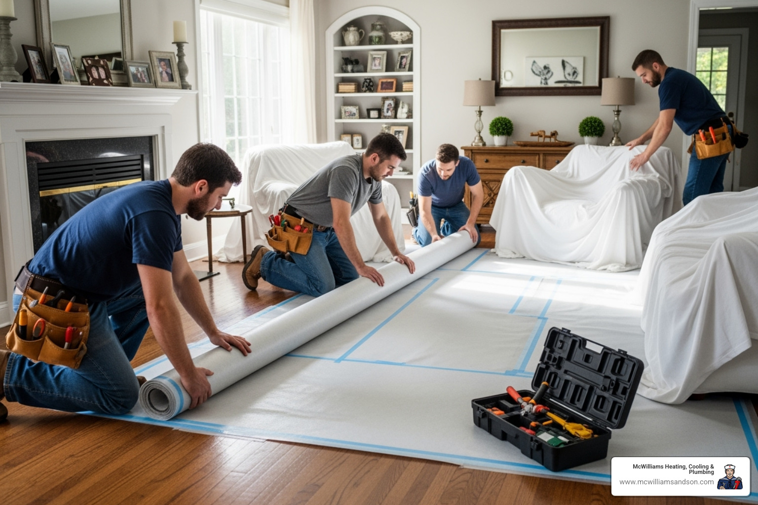 plumbers carefully laying protective sheeting on floors and furniture - whole home repipe plumbers carefully laying protective sheeting on floors and furniture - whole home repipe