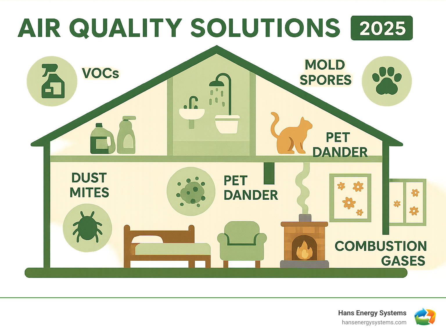 Comprehensive infographic showing common indoor air pollutants including VOCs from cleaning products and furniture, mold spores from humid areas, pet dander, dust mites in bedding, combustion gases from stoves and fireplaces, and pollen entering through windows, with icons representing each pollutant source in different rooms of a typical home - Air quality solutions infographic 