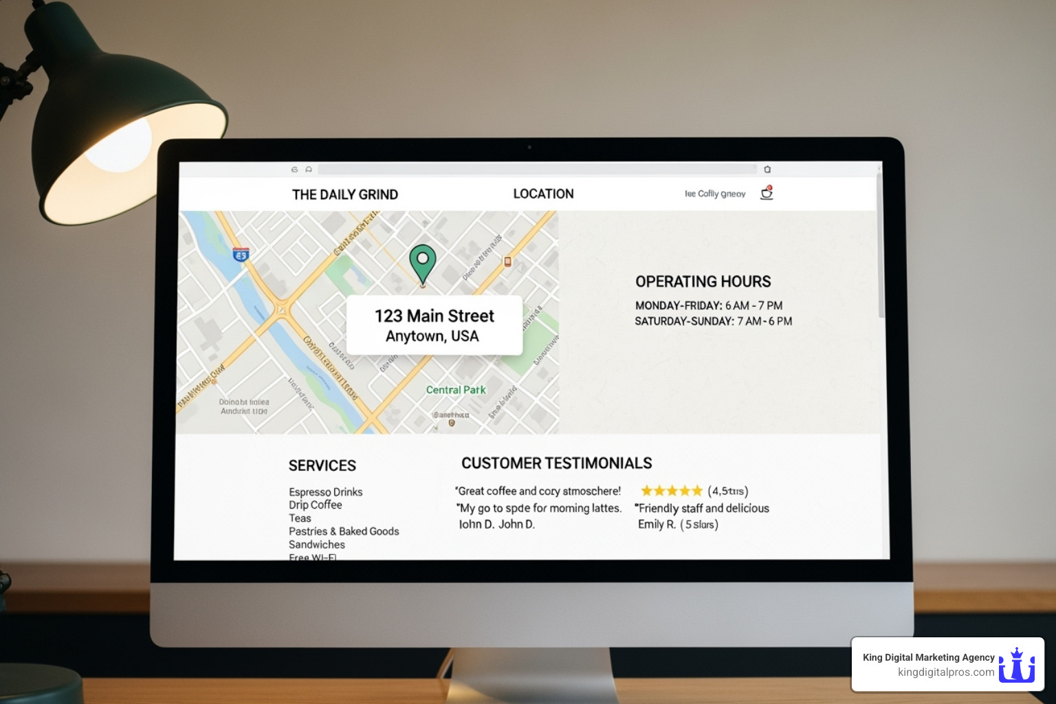 A website's location page for a local business showing a map, business hours, customer testimonials, and a list of services custom to that specific location - Optimize local search A website's location page for a local business showing a map, business hours, customer testimonials, and a list of services custom to that specific location - Optimize local search