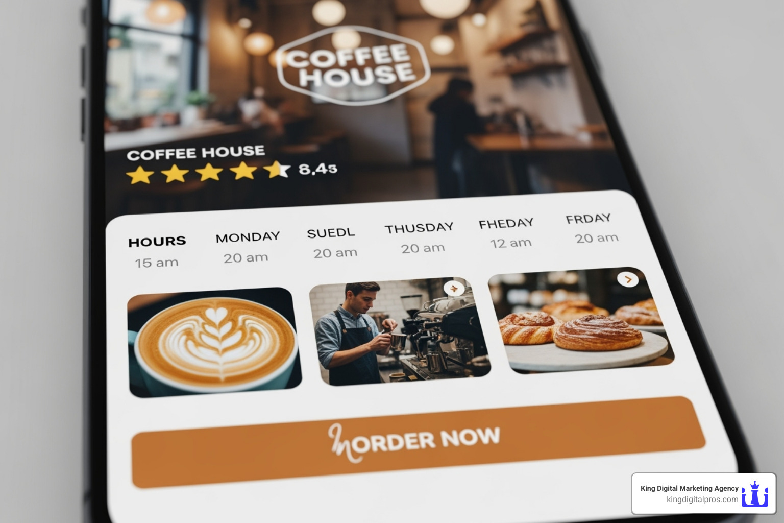 A smartphone screen displaying a fully optimized Google Business Profile for a local coffee shop, showing business hours, reviews, photos, and a clear call to action - Optimize local search A smartphone screen displaying a fully optimized Google Business Profile for a local coffee shop, showing business hours, reviews, photos, and a clear call to action - Optimize local search