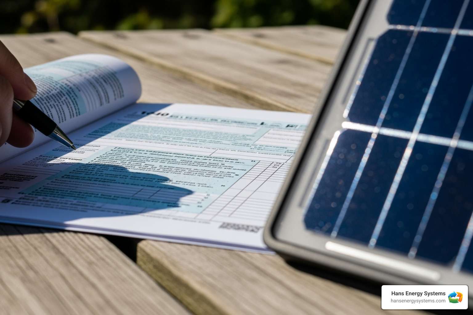 Tax form next to a solar panel - California solar incentives Tax form next to a solar panel - California solar incentives