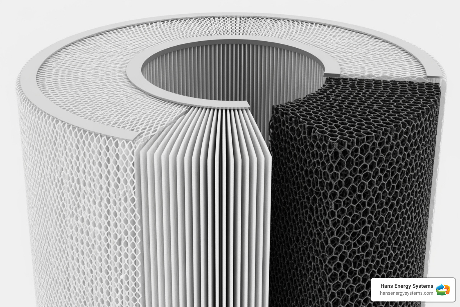 showing the different layers of a multi-stage filter (pre-filter, HEPA, carbon) - Air purification systems