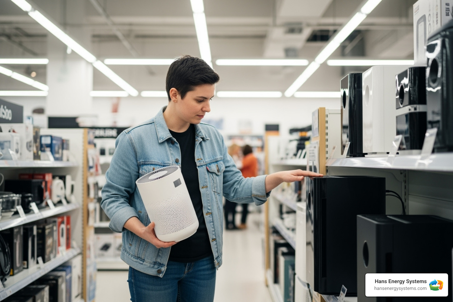 of a person comparing two different-sized air purifiers in a store aisle - Air purification systems