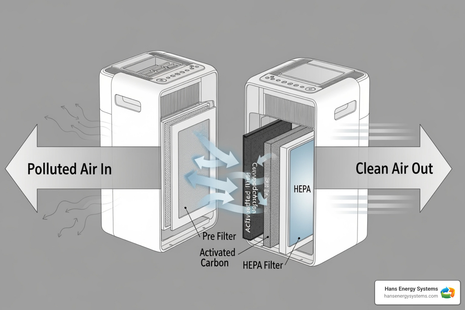 of a diagram showing an air purifier pulling in polluted air and releasing clean air - Air purification systems