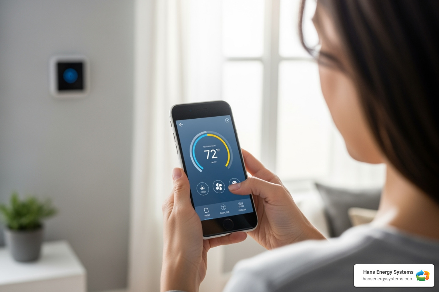Person using a smartphone to adjust a smart thermostat - air conditioning sales near me
