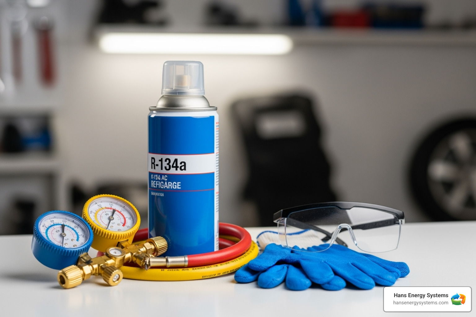 DIY AC recharge kit with gauge, gloves, and safety glasses - AC Freon recharge