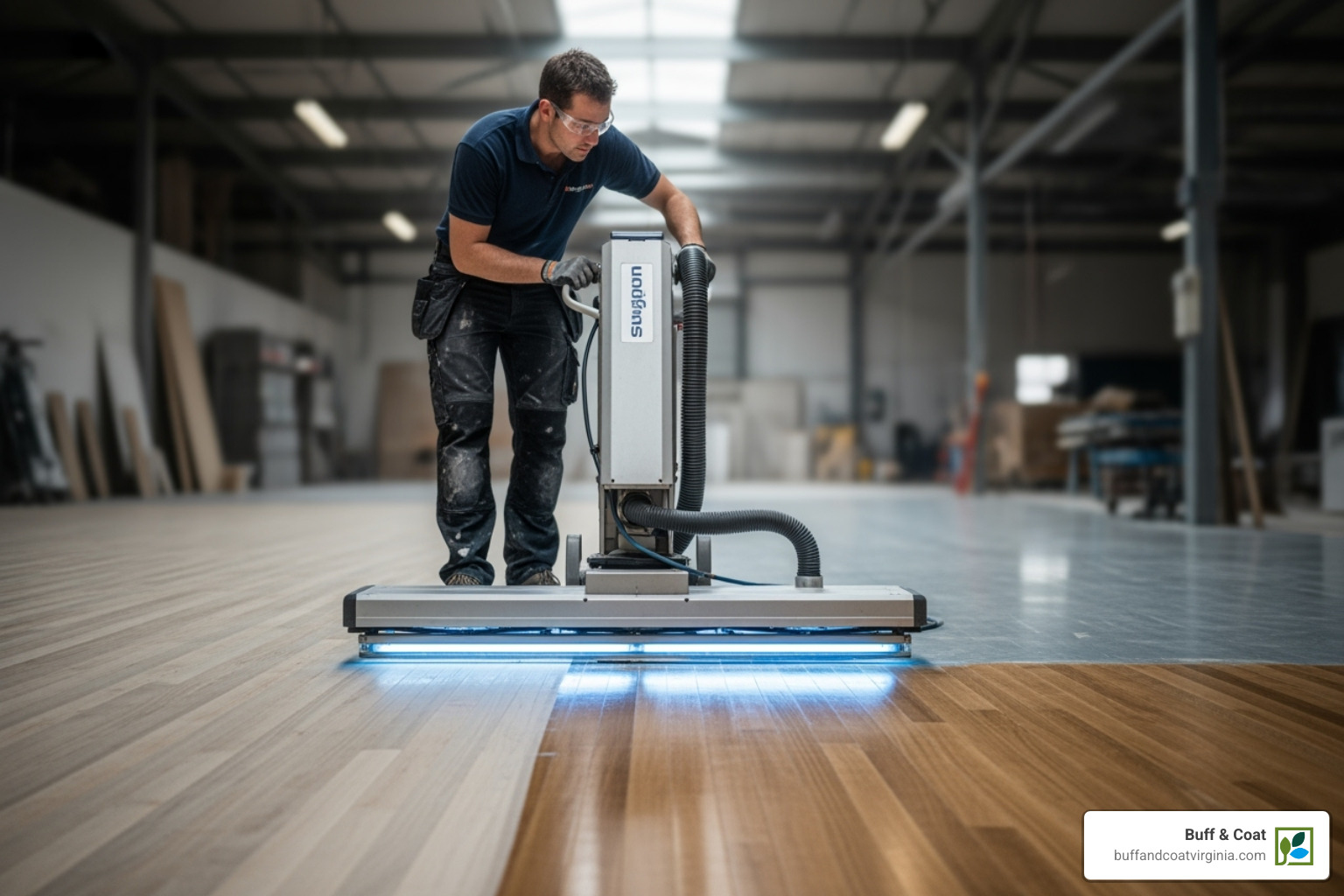 Image of a flooring professional using a large UV curing machine - wood floor UV coating Image of a flooring professional using a large UV curing machine - wood floor UV coating