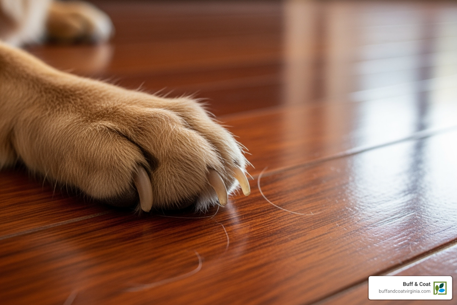 Image of a pet's paw on a scratch-resistant UV coated floor - wood floor UV coating Image of a pet's paw on a scratch-resistant UV coated floor - wood floor UV coating