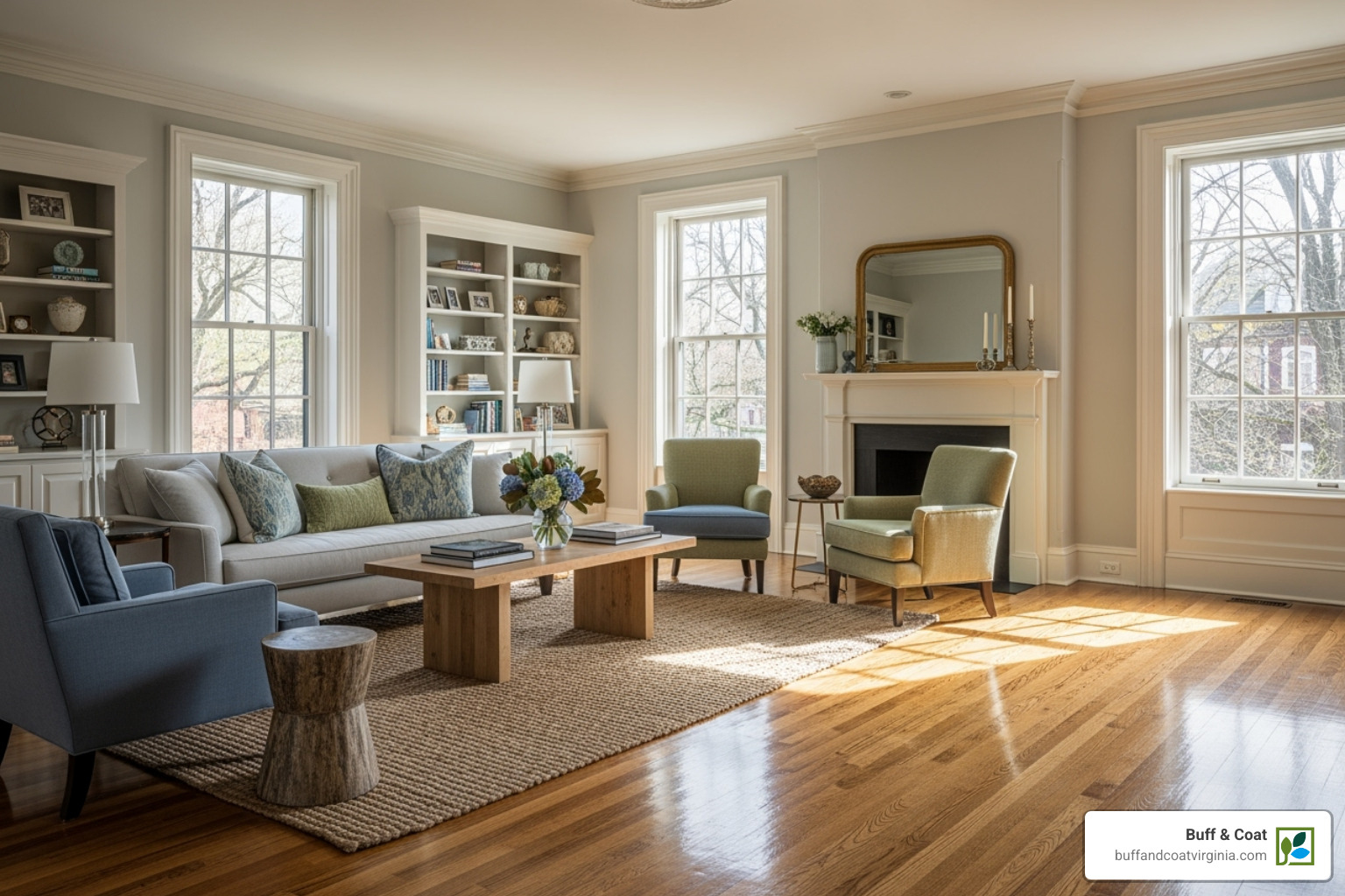 Image of a beautiful living room in Richmond, VA with UV coated floors - wood floor UV coating Image of a beautiful living room in Richmond, VA with UV coated floors - wood floor UV coating