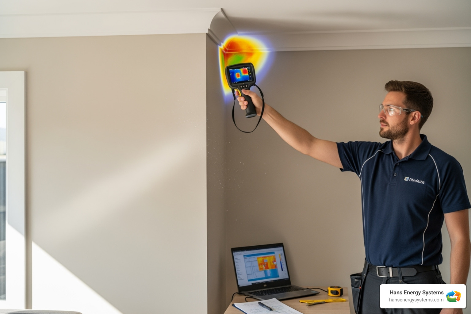 Technician performing an energy audit with an infrared camera - Green energy solutions