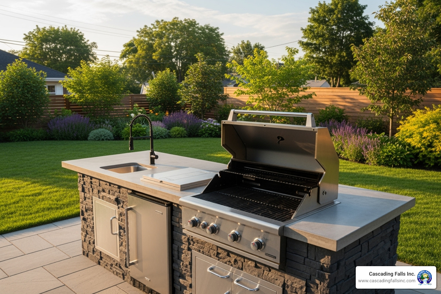 BBQ island with integrated features like a sink and refrigerator - bbq island builders near me