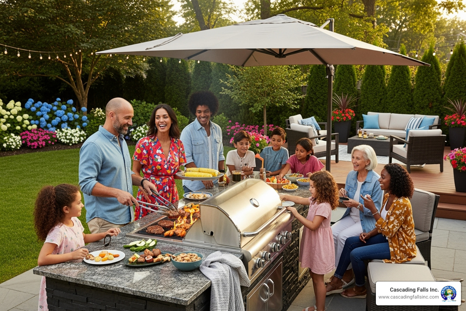Family gathering and cooking around a spacious BBQ island - bbq island builders near me