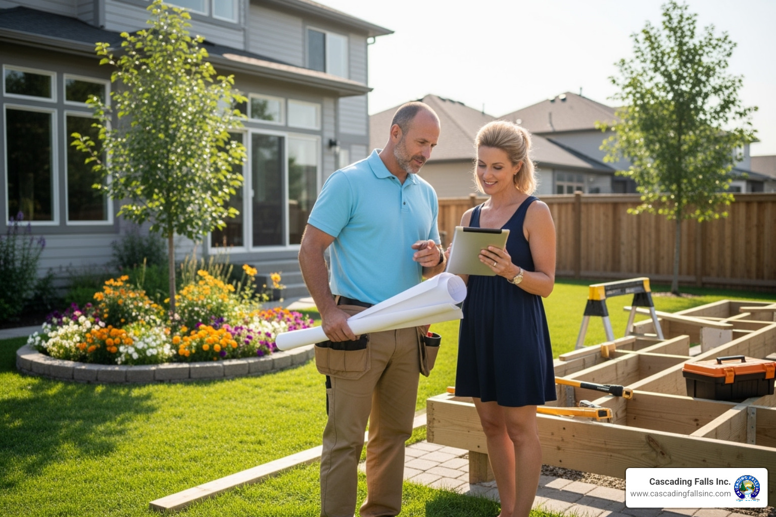 Contractor discussing plans with a homeowner in a backyard - bbq island builders near me