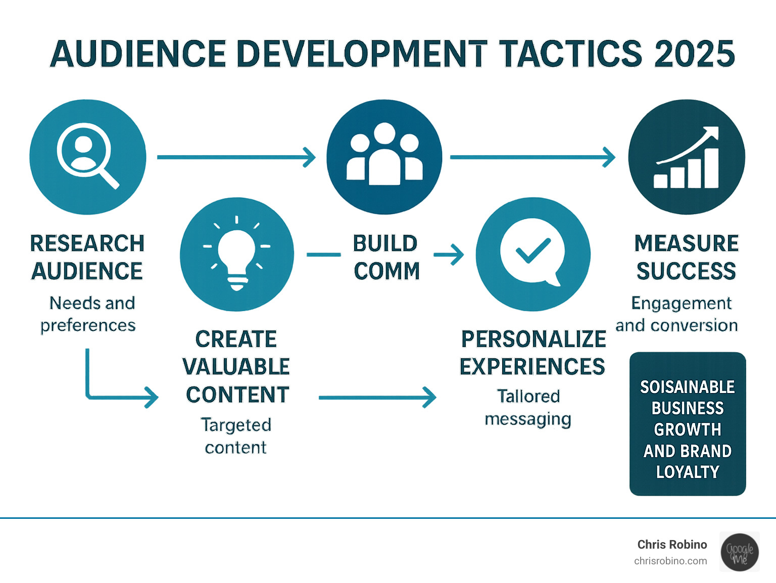 Infographic showing the audience development process: Research audience needs and preferences, create valuable targeted content, build engaged community through interaction, personalize experiences with custom messaging, measure success through engagement and conversion metrics, leading to sustainable business growth and brand loyalty - Audience development tactics infographic 