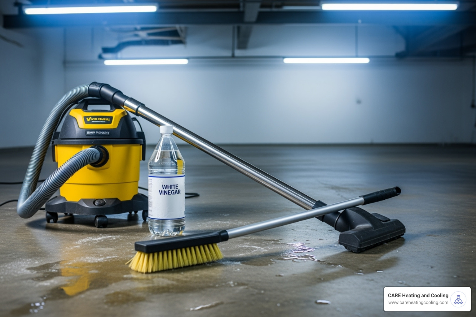 Tools for cleaning a drain line (wet/dry vac, vinegar, brush) - Furnace drain line