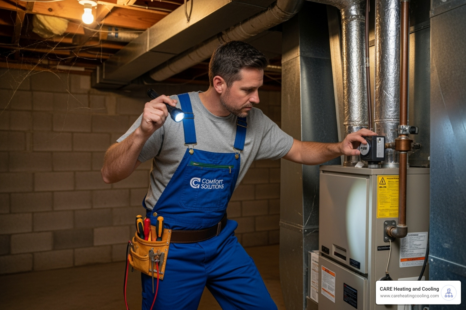 HVAC technician inspecting furnace - Furnace drain line