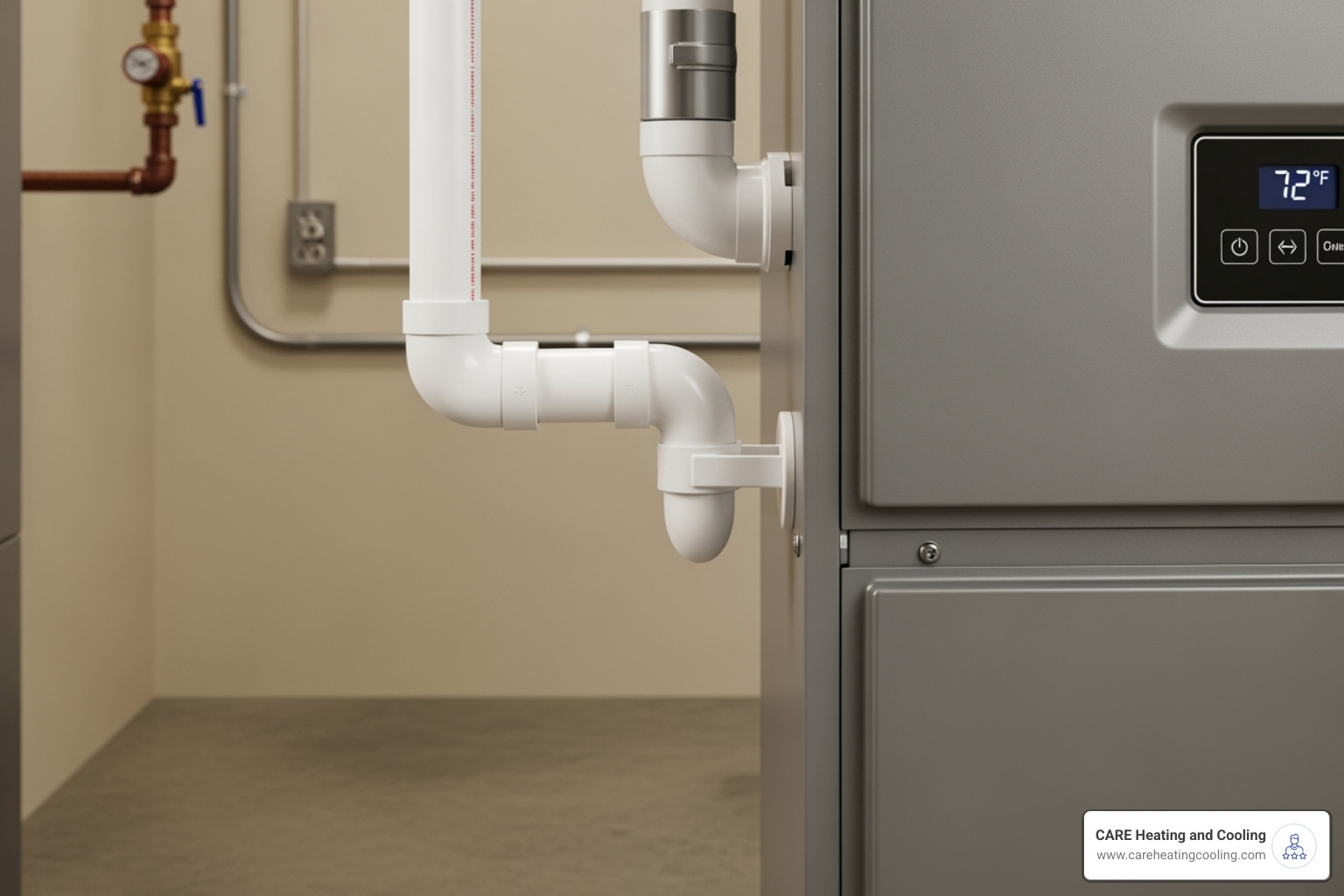 A furnace condensate line and P-trap, with labels - Furnace drain line